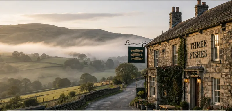 A stone inn above misty green Lancashire hills
